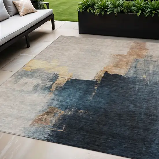 Taupe Black And Blue Abstract Washable Indoor Outdoor Area Rug Photo 1