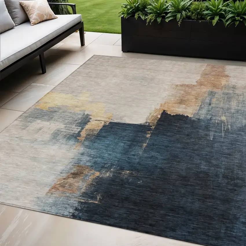 Taupe Black And Blue Abstract Washable Indoor Outdoor Area Rug Photo 1