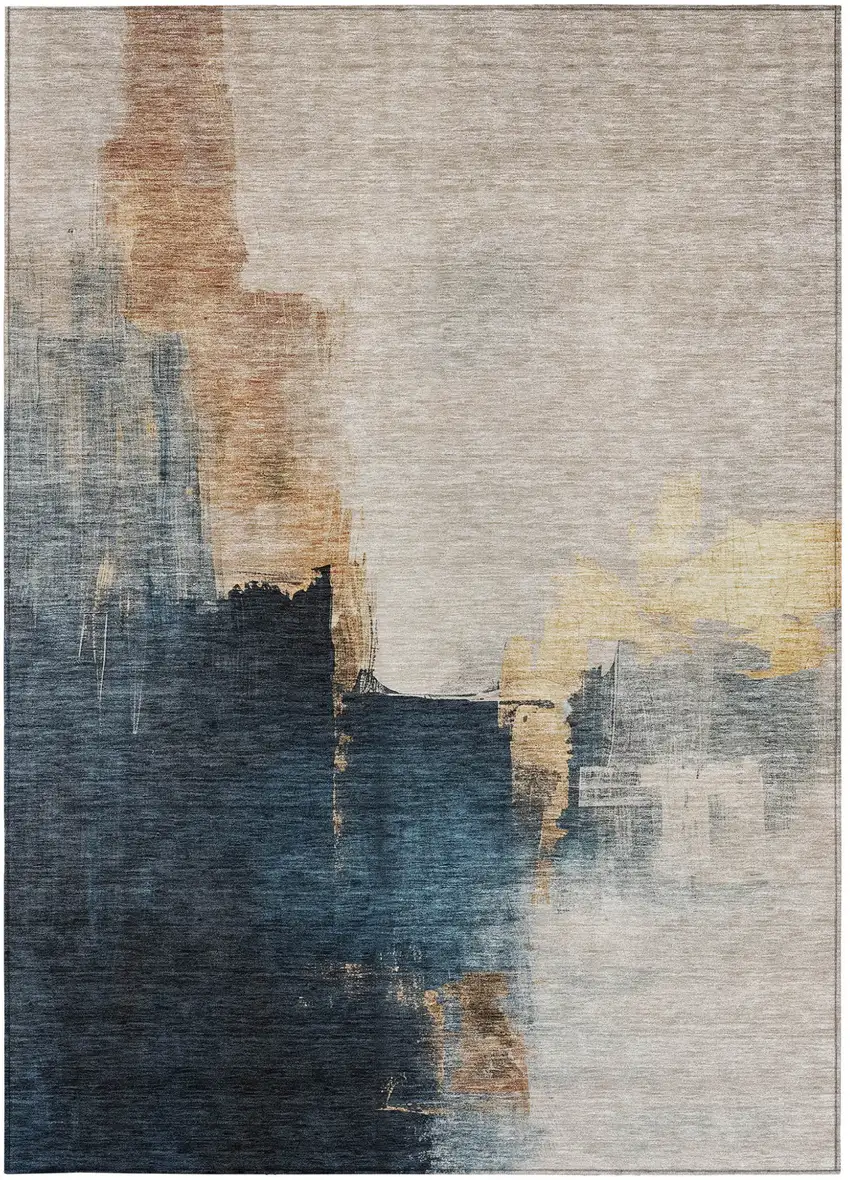 Taupe Black And Blue Abstract Washable Indoor Outdoor Area Rug Photo 7