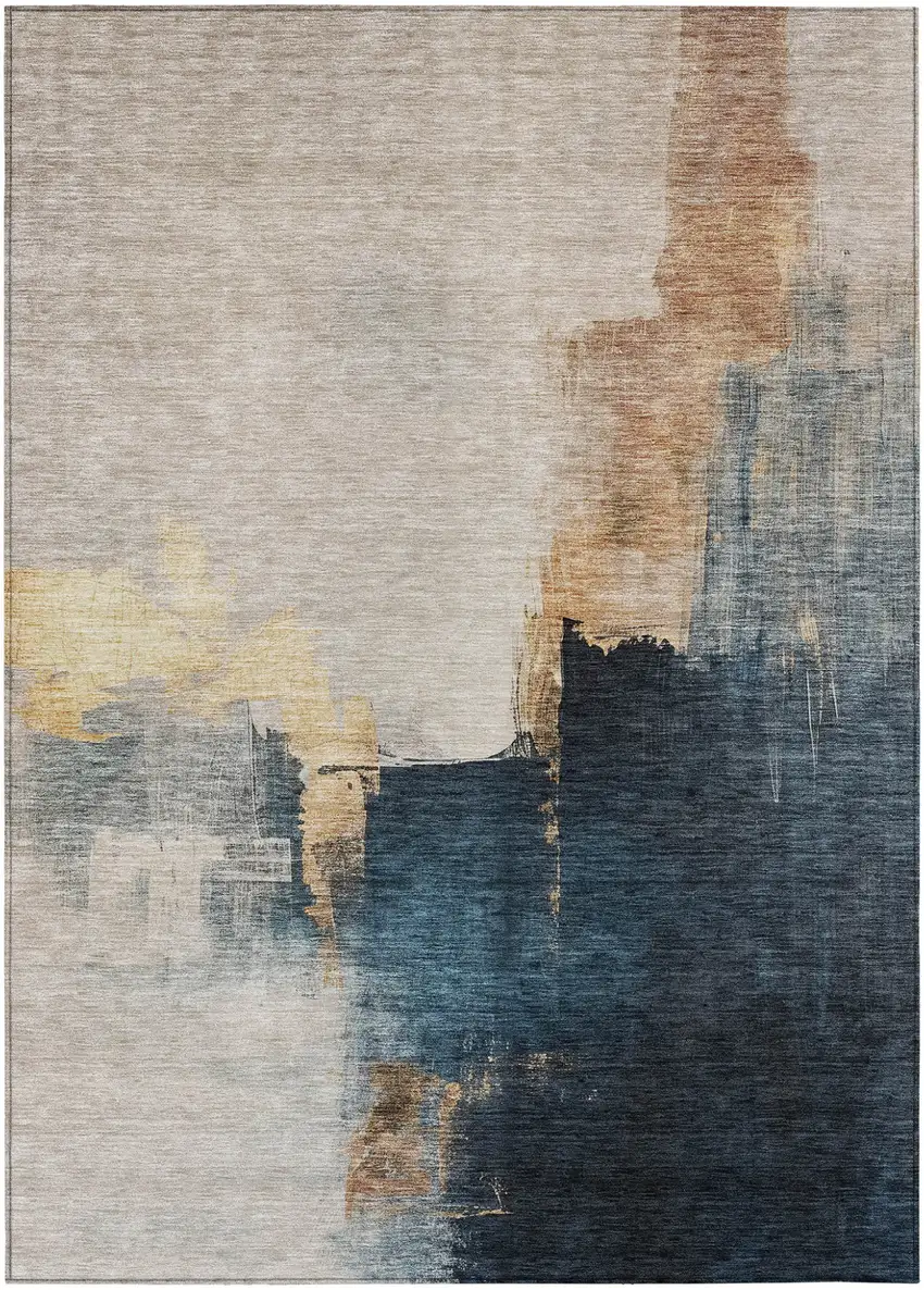 Taupe Black And Blue Abstract Washable Indoor Outdoor Area Rug Photo 2