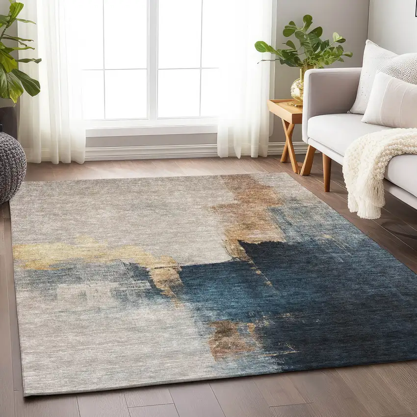Taupe Black And Blue Abstract Washable Indoor Outdoor Area Rug Photo 9