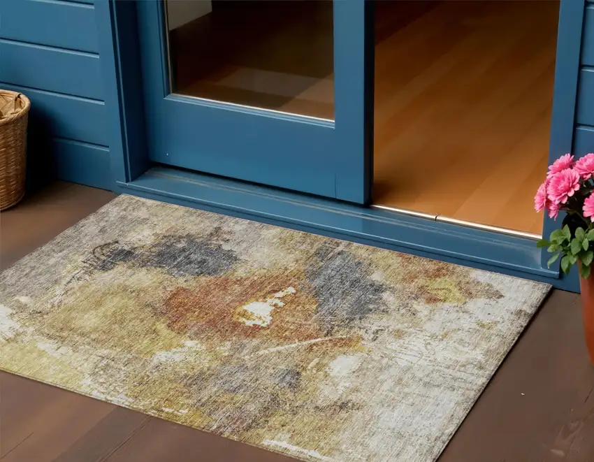 Taupe Black And Copper Abstract Washable Indoor Outdoor Area Rug Photo 1