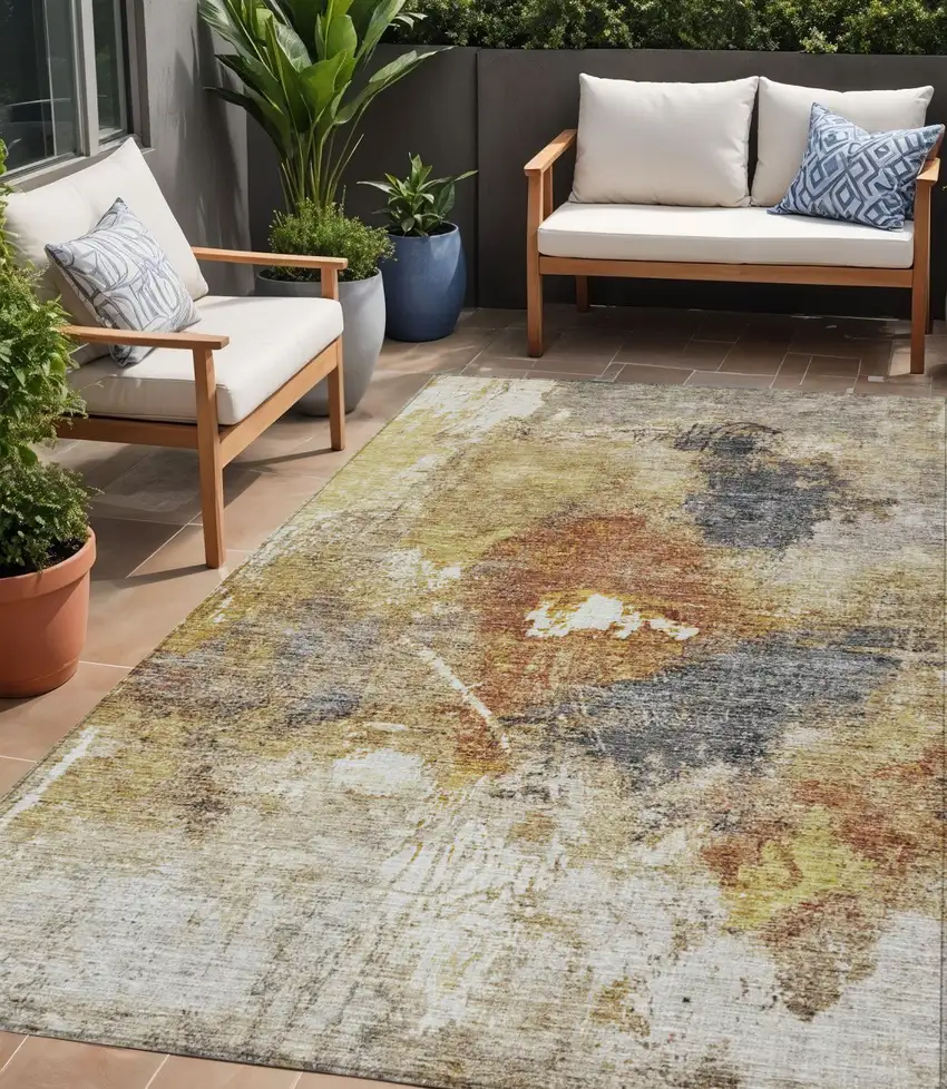 Taupe Black And Copper Abstract Washable Indoor Outdoor Area Rug Photo 1