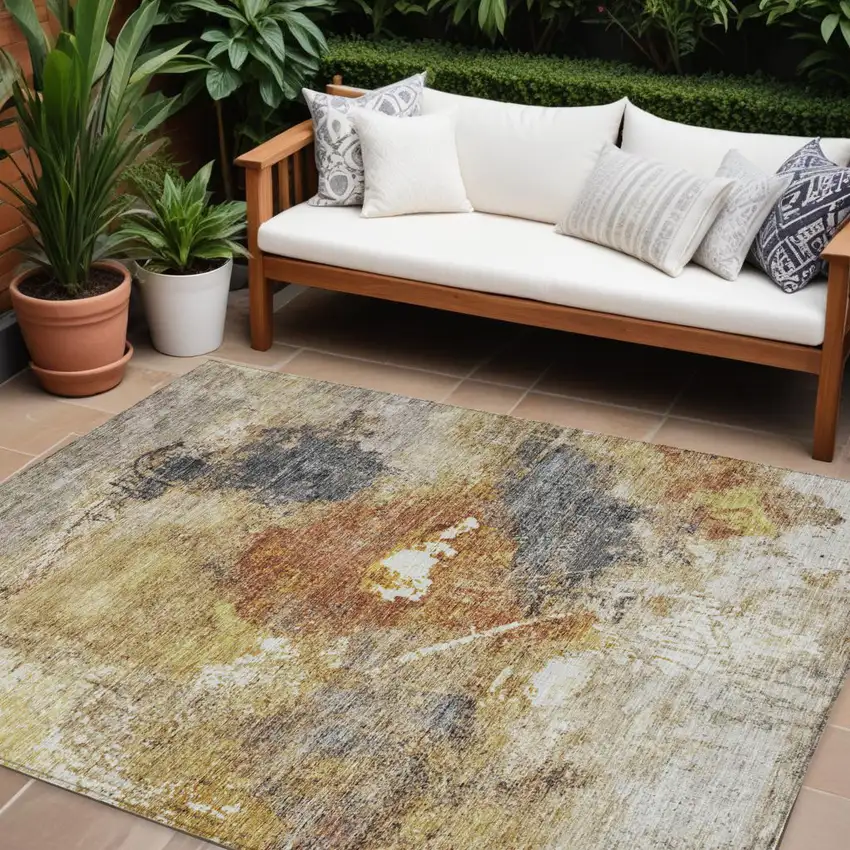 Taupe Black And Copper Abstract Washable Indoor Outdoor Area Rug Photo 1