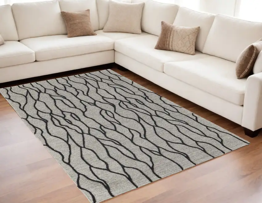 Taupe Black And Gray Wool Abstract Tufted Handmade Stain Resistant Area Rug Photo 1