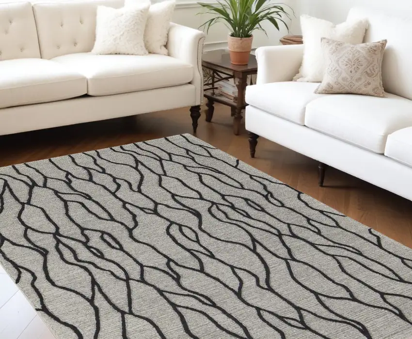 Taupe Black And Gray Wool Abstract Tufted Handmade Stain Resistant Area Rug Photo 1