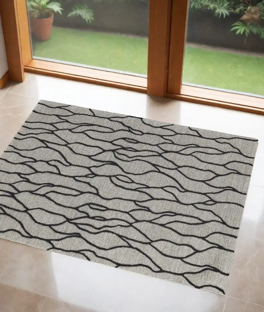 Taupe Black And Gray Wool Abstract Tufted Handmade Stain Resistant Area Rug Photo 1