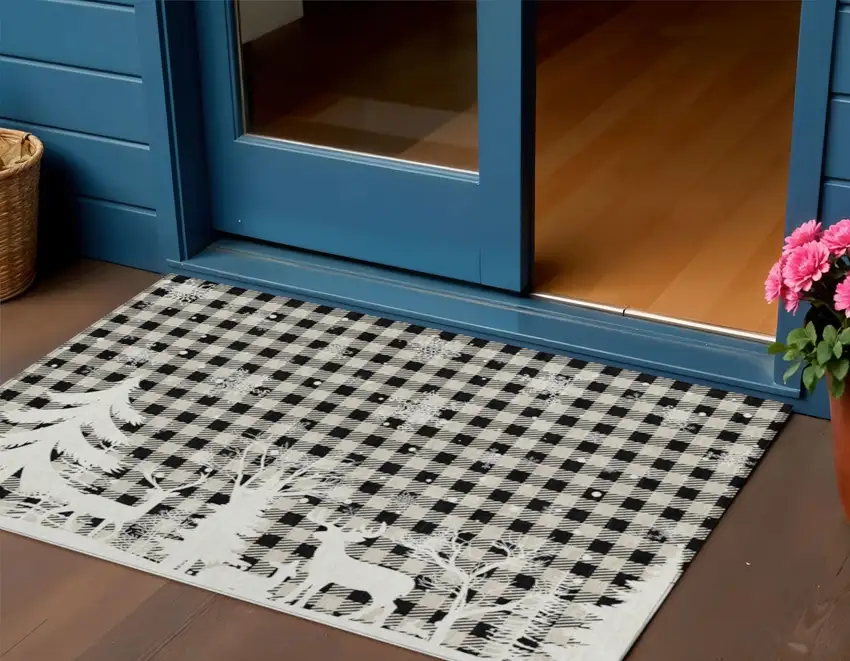 Taupe Black And Ivory Plaid Washable Indoor Outdoor Area Rug Photo 2