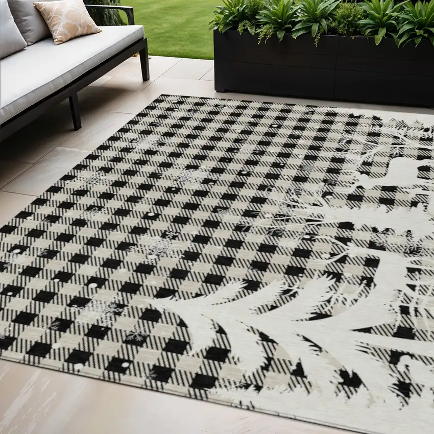 Taupe Black And Ivory Plaid Washable Indoor Outdoor Area Rug Photo 2