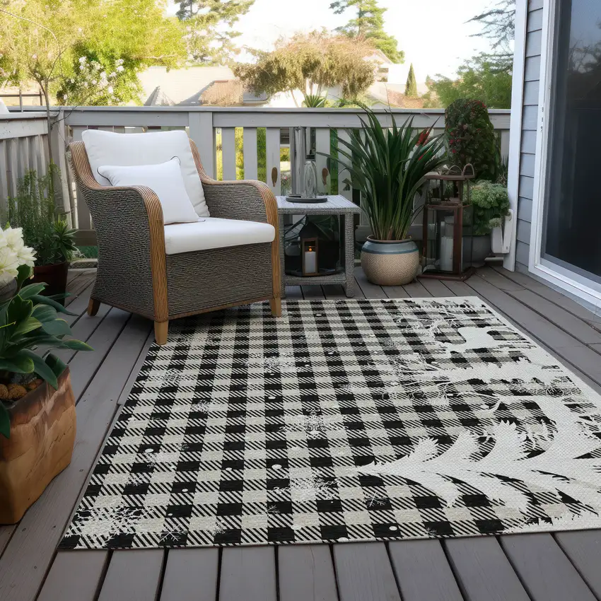 Taupe Black And Ivory Plaid Washable Indoor Outdoor Area Rug Photo 7