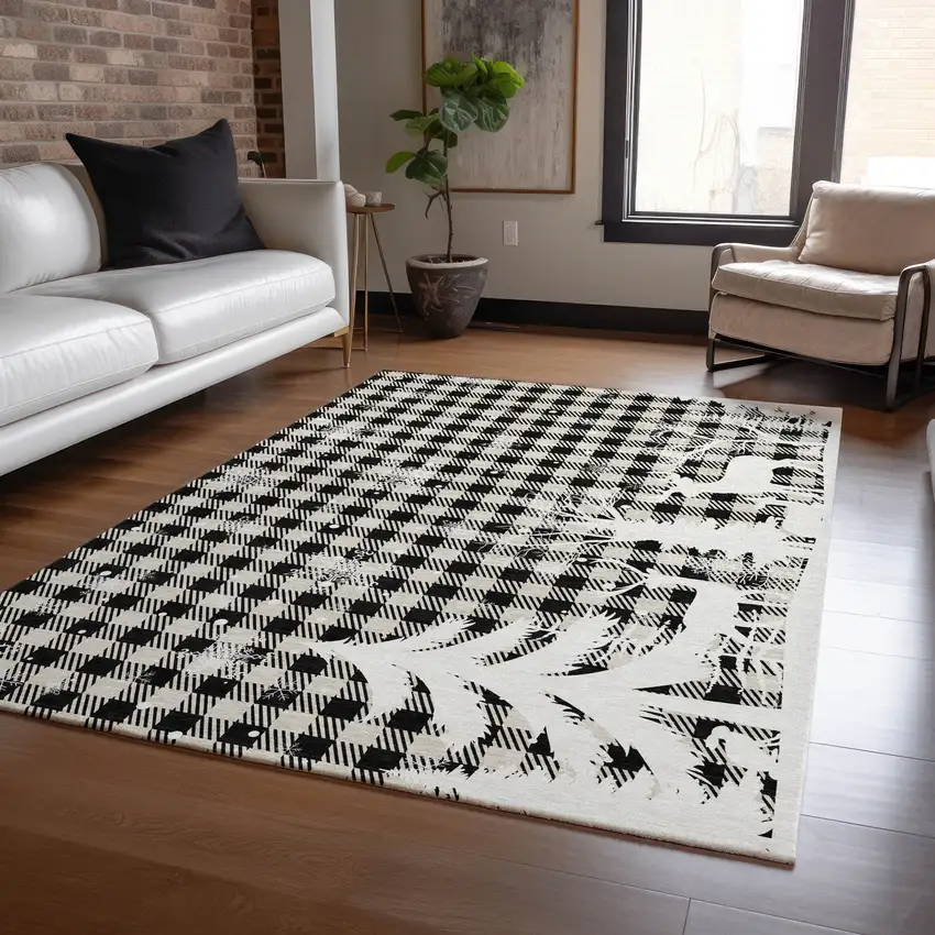 Taupe Black And Ivory Plaid Washable Indoor Outdoor Area Rug Photo 5