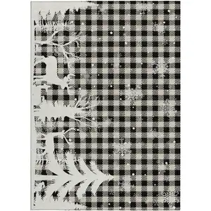 Photo of Taupe Black And Ivory Plaid Washable Indoor Outdoor Area Rug