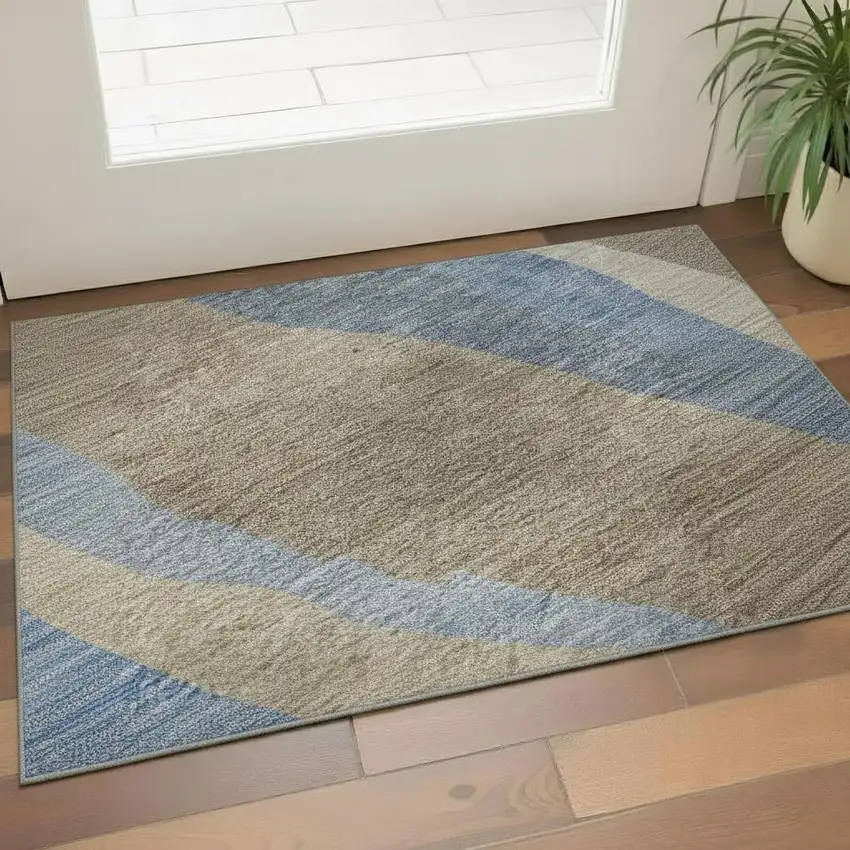 Taupe Blue And Beige Abstract Washable Area Rug With UV Protection Photo 2