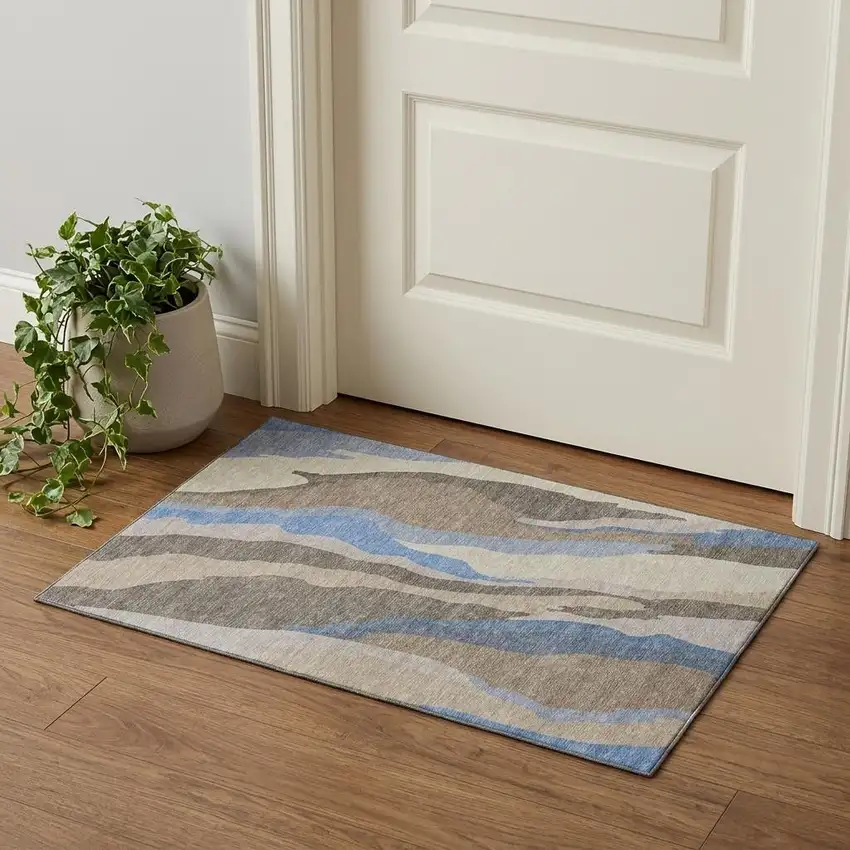 Taupe Blue And Beige Abstract Washable Area Rug With UV Protection Photo 1