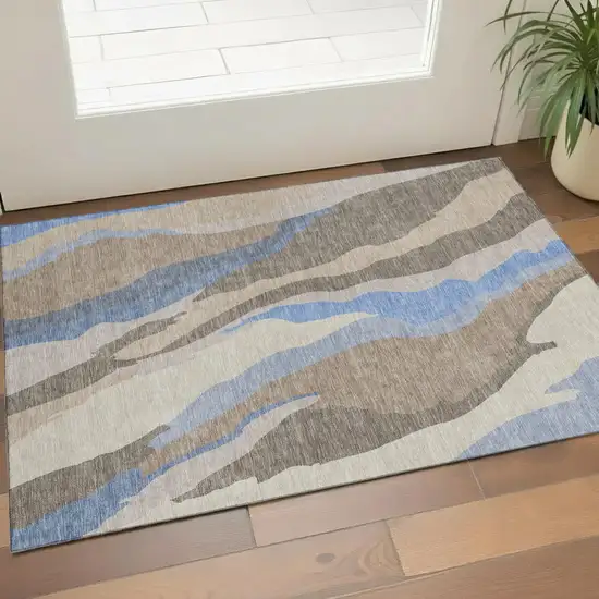 Taupe Blue And Beige Abstract Washable Area Rug With UV Protection Photo 1