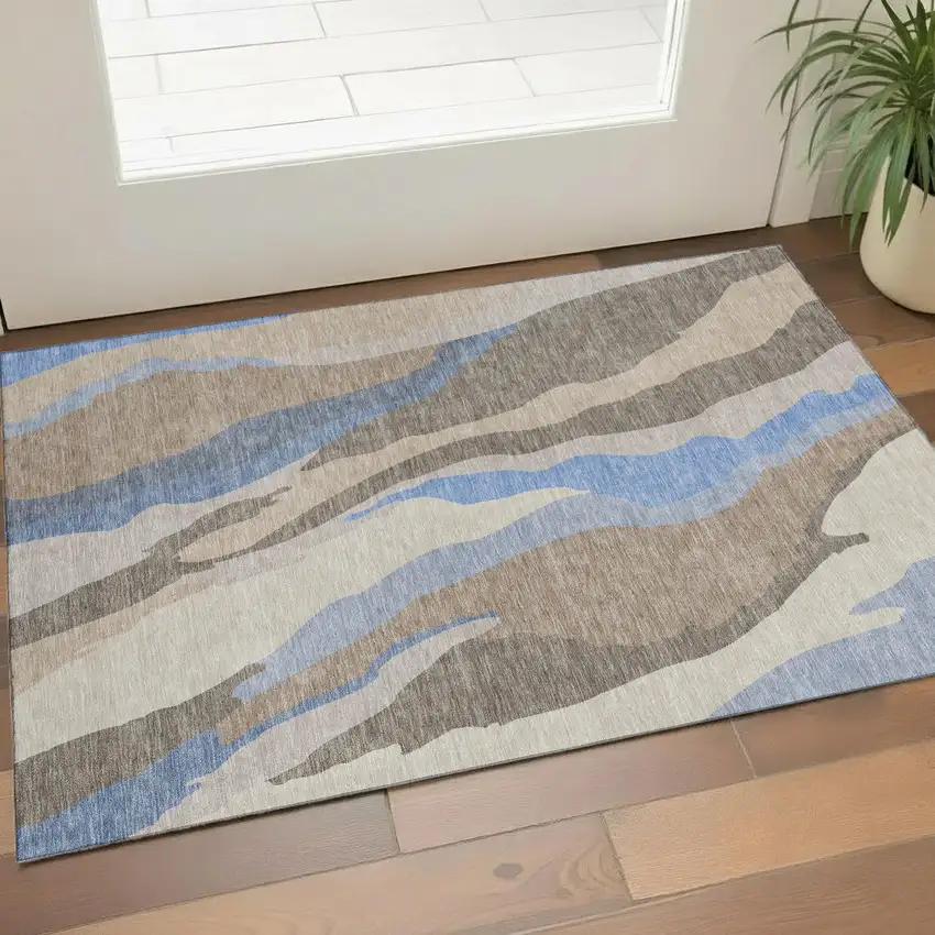 Taupe Blue And Beige Abstract Washable Area Rug With UV Protection Photo 1