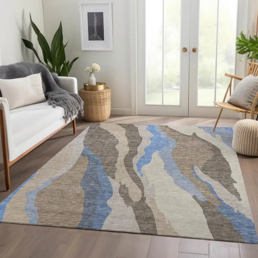 Taupe Blue And Beige Abstract Washable Area Rug With UV Protection Photo 4