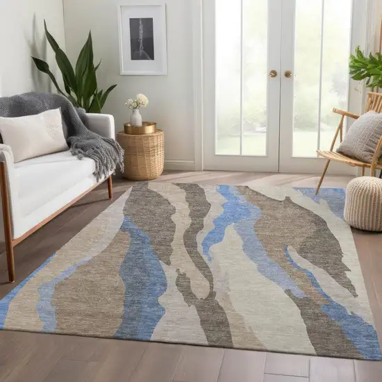 Taupe Blue And Beige Abstract Washable Area Rug With UV Protection Photo 4