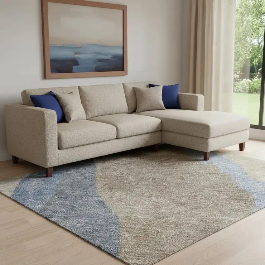 Taupe Blue And Beige Abstract Washable Area Rug With UV Protection Photo 2