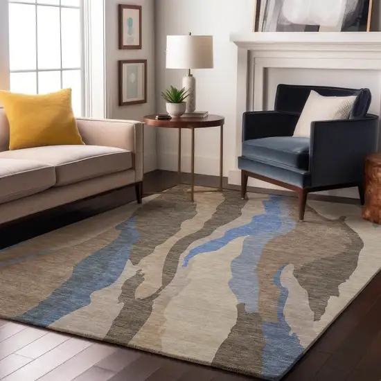 Taupe Blue And Beige Abstract Washable Area Rug With UV Protection Photo 3