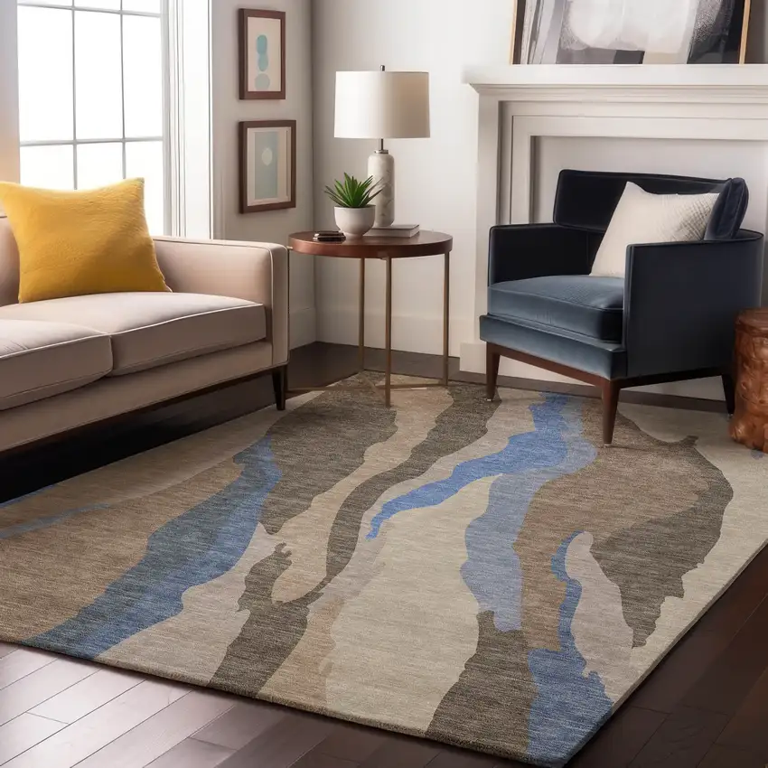 Taupe Blue And Beige Abstract Washable Area Rug With UV Protection Photo 3
