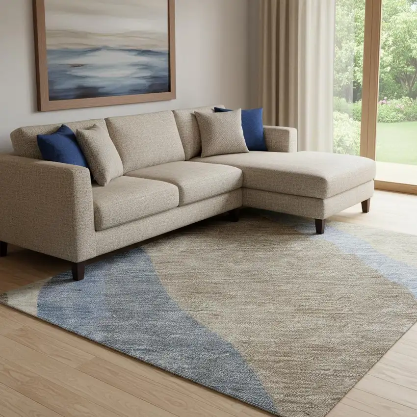 Taupe Blue And Beige Abstract Washable Area Rug With UV Protection Photo 2