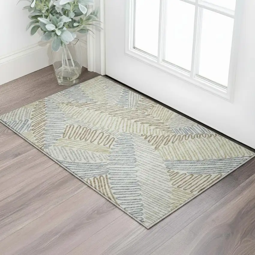 Taupe Blue And Beige Floral Washable Area Rug With UV Protection Photo 2