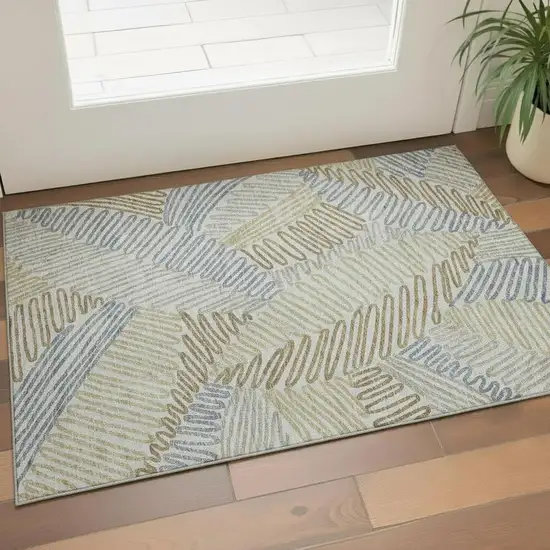 Taupe Blue And Beige Floral Washable Area Rug With UV Protection Photo 1