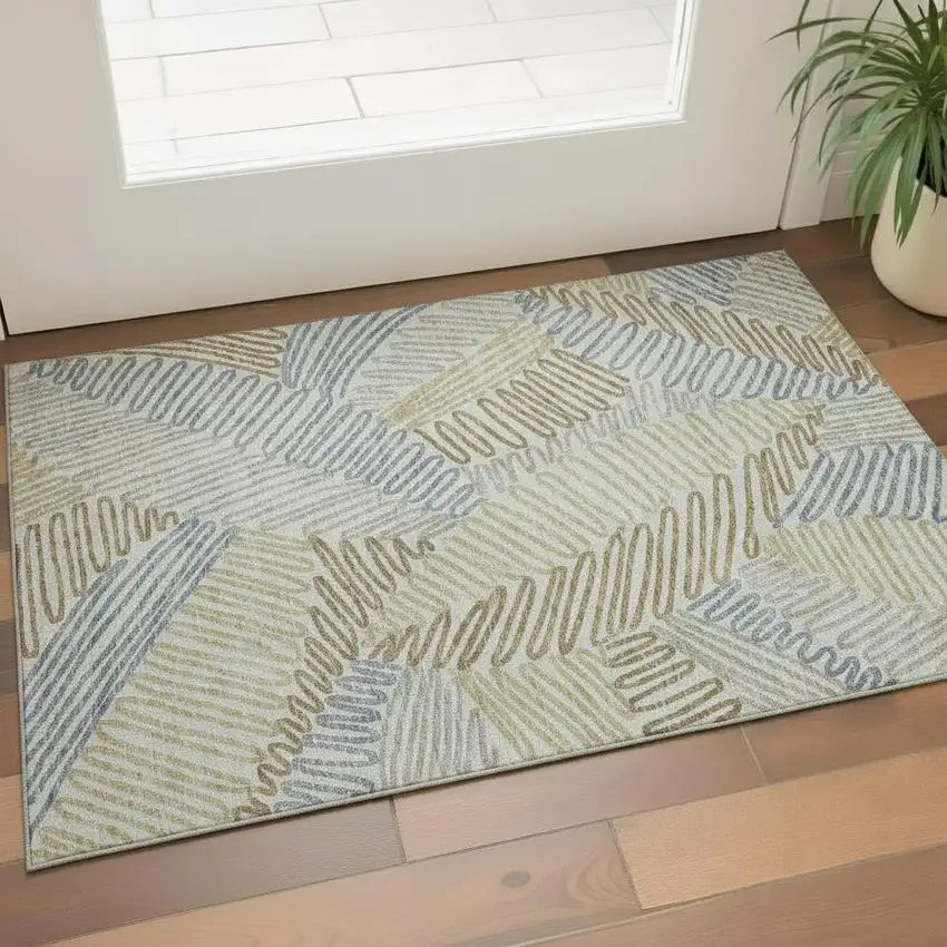 Taupe Blue And Beige Floral Washable Area Rug With UV Protection Photo 1