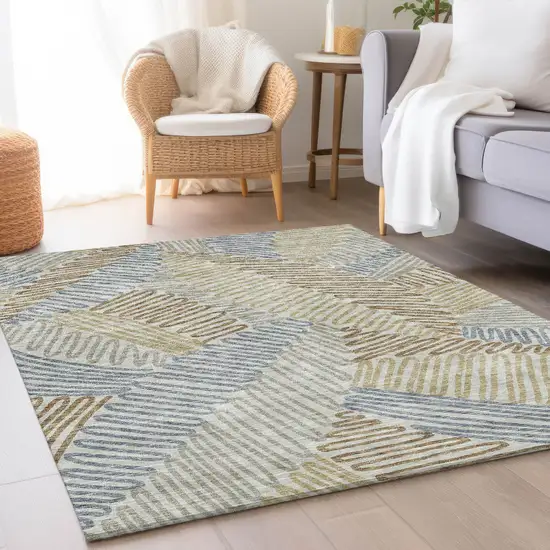 Taupe Blue And Beige Floral Washable Area Rug With UV Protection Photo 5