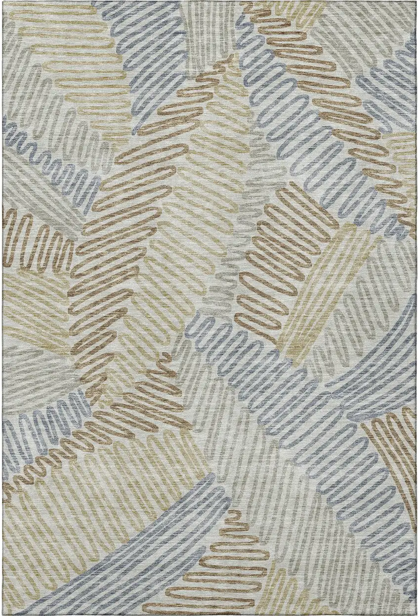 Taupe Blue And Beige Floral Washable Area Rug With UV Protection Photo 4
