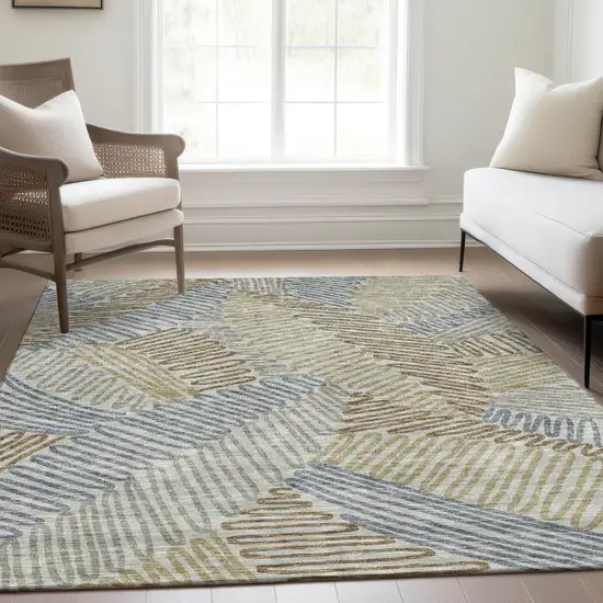 Taupe Blue And Beige Floral Washable Area Rug With UV Protection Photo 6