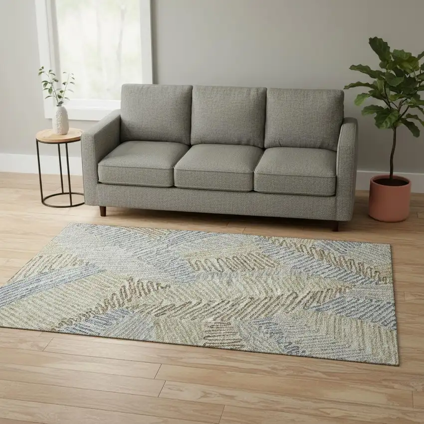 Taupe Blue And Beige Floral Washable Area Rug With UV Protection Photo 2