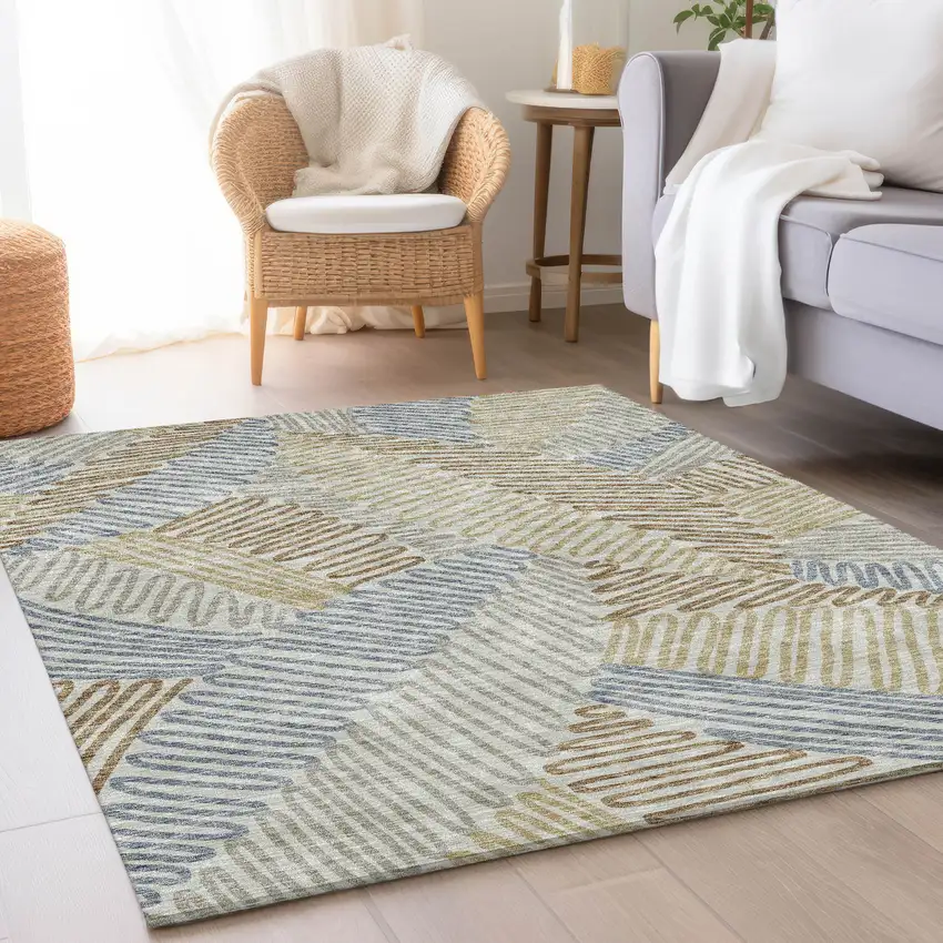 Taupe Blue And Beige Floral Washable Area Rug With UV Protection Photo 5