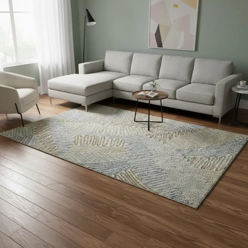 Taupe Blue And Beige Floral Washable Area Rug With UV Protection Photo 2