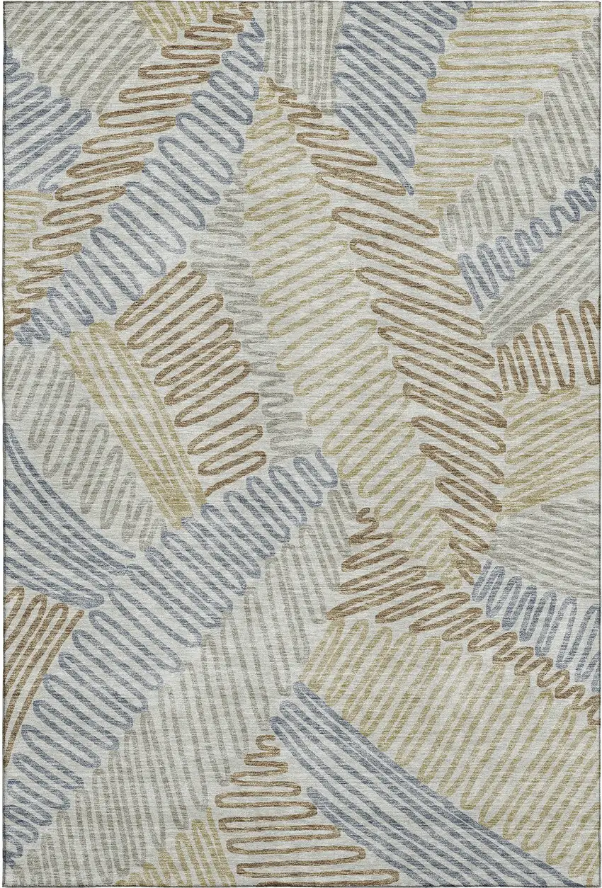 Taupe Blue And Beige Floral Washable Area Rug With UV Protection Photo 1
