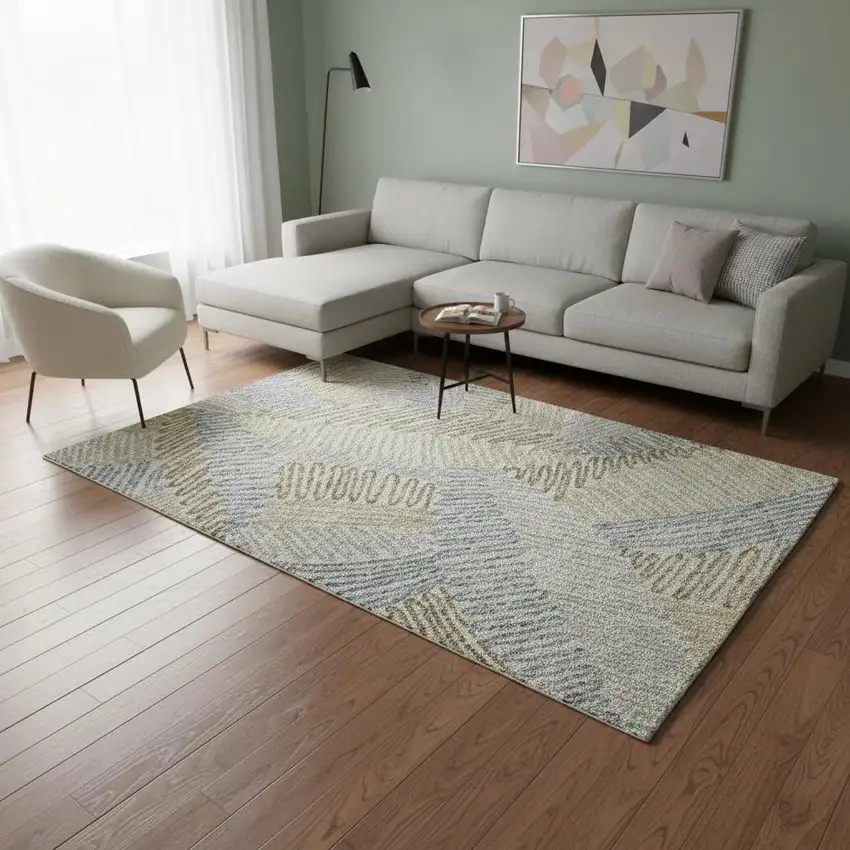 Taupe Blue And Beige Floral Washable Area Rug With UV Protection Photo 2