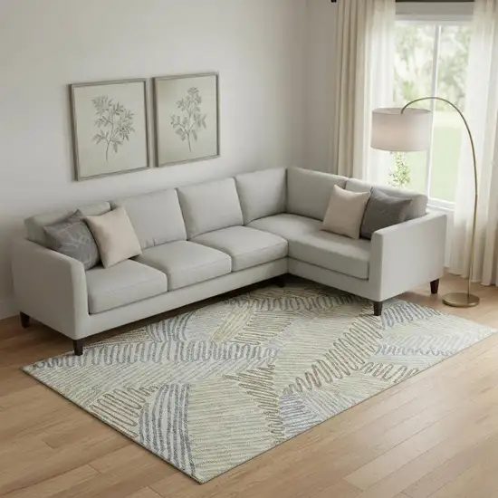 Taupe Blue And Beige Floral Washable Area Rug With UV Protection Photo 1