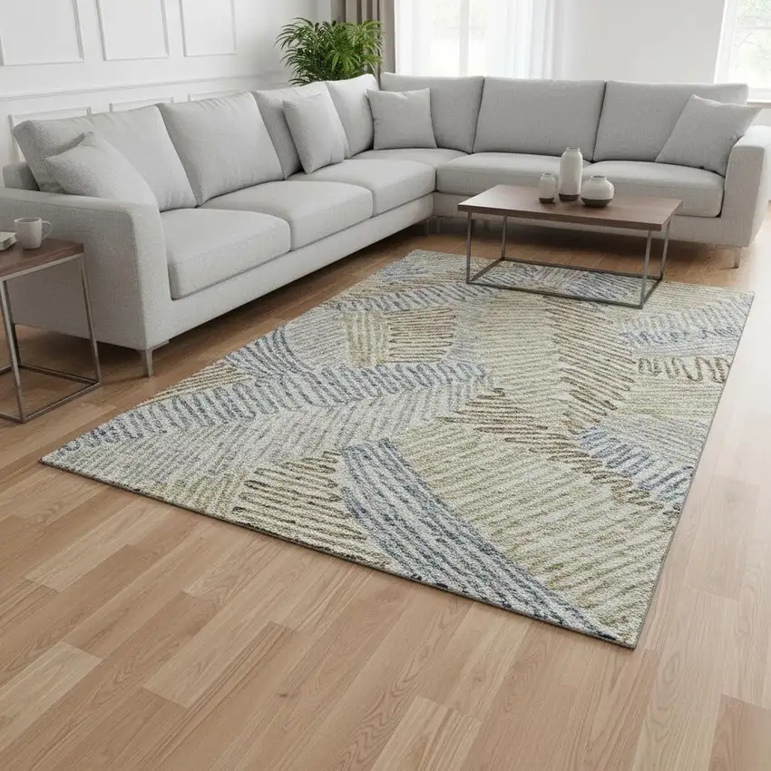 Taupe Blue And Beige Floral Washable Area Rug With UV Protection Photo 2