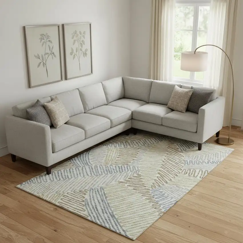 Taupe Blue And Beige Floral Washable Area Rug With UV Protection Photo 1