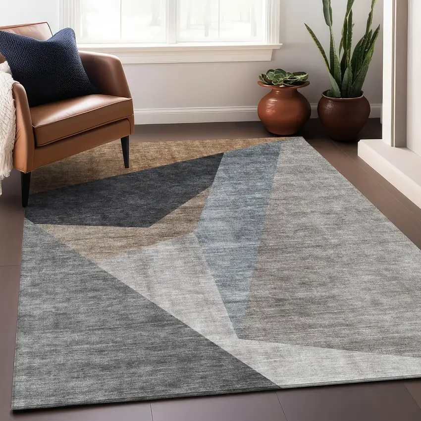 Taupe Blue And Beige Geometric Washable Area Rug With UV Protection Photo 5