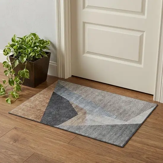 Taupe Blue And Beige Geometric Washable Area Rug With UV Protection Photo 1