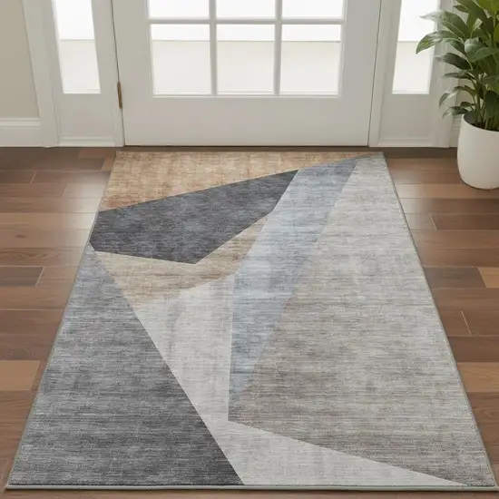 Taupe Blue And Beige Geometric Washable Area Rug With UV Protection Photo 2