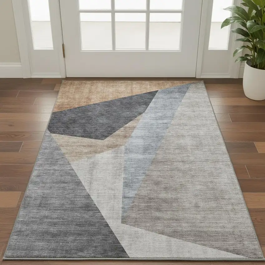 Taupe Blue And Beige Geometric Washable Area Rug With UV Protection Photo 2