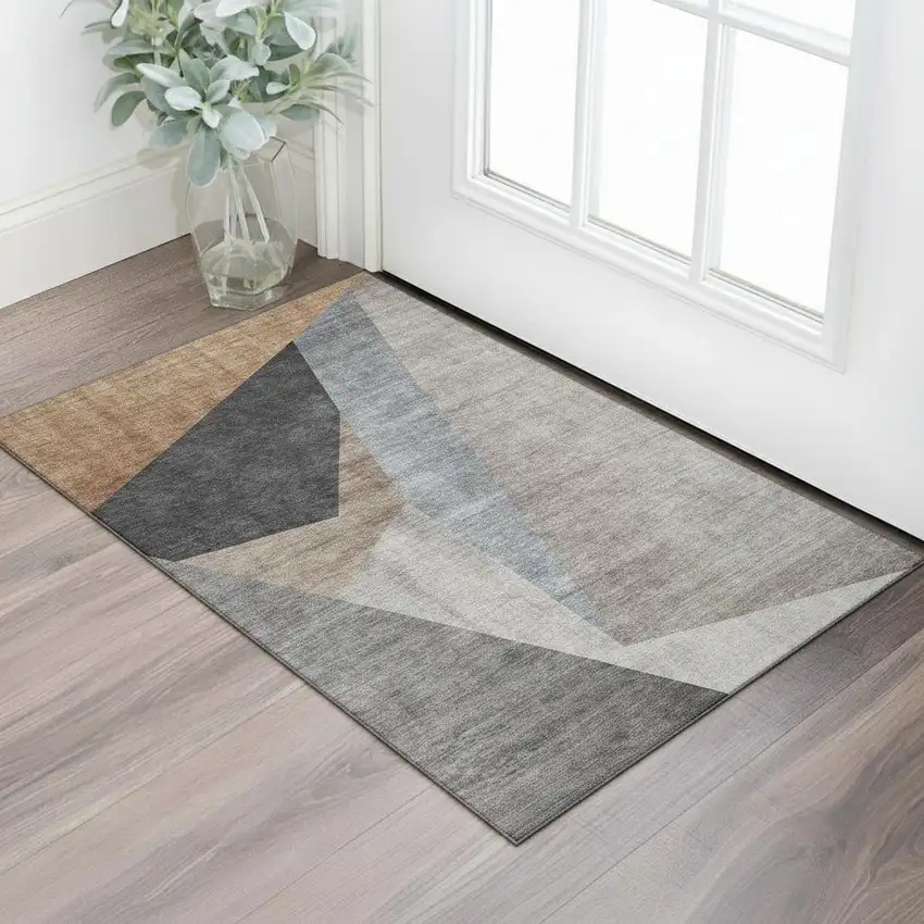 Taupe Blue And Beige Geometric Washable Area Rug With UV Protection Photo 1