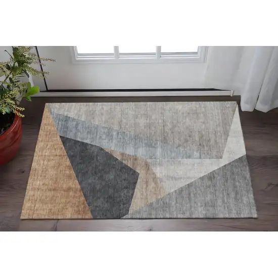 Taupe Blue And Beige Geometric Washable Area Rug With UV Protection Photo 3