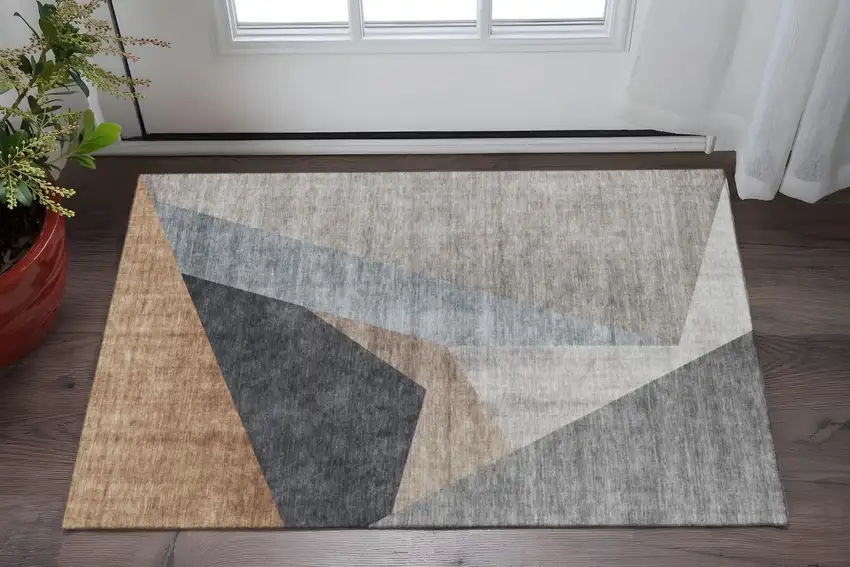 Taupe Blue And Beige Geometric Washable Area Rug With UV Protection Photo 3