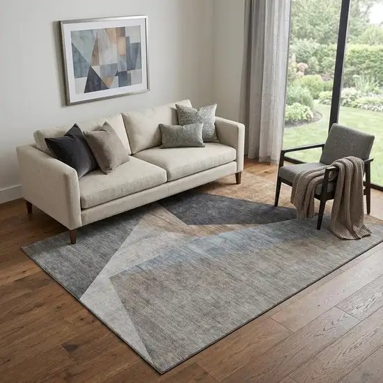 Taupe Blue And Beige Geometric Washable Area Rug With UV Protection Photo 1