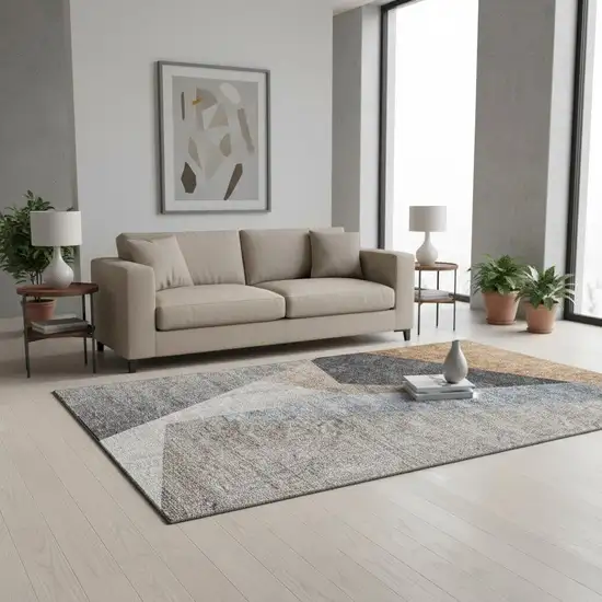 Taupe Blue And Beige Geometric Washable Area Rug With UV Protection Photo 1