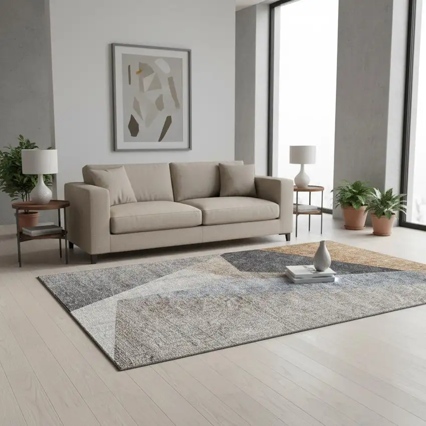 Taupe Blue And Beige Geometric Washable Area Rug With UV Protection Photo 1